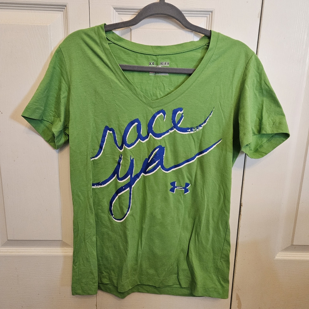 Under Armour Lime Green Short Sleeve Tee with Blue 'race ya' Script